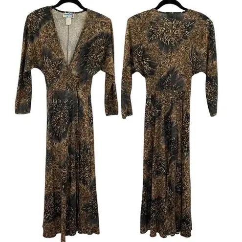 Vintage Bernie Blue Wrap Maxi Dress Structured Shoulders Dolman Sleeve Small Tan