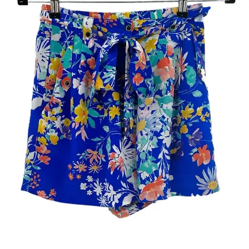 Yumi Kim Enchanted Royal Blue Floral Print Silk Paperbag Shorts Size XS