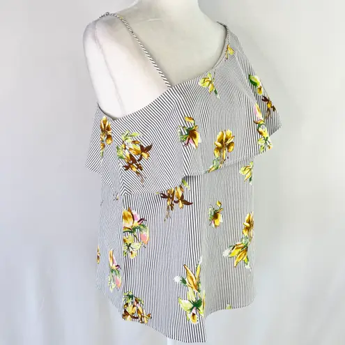 Lumière New  Floral Striped One Shoulder Long Sleeve Shirt Grey Multi