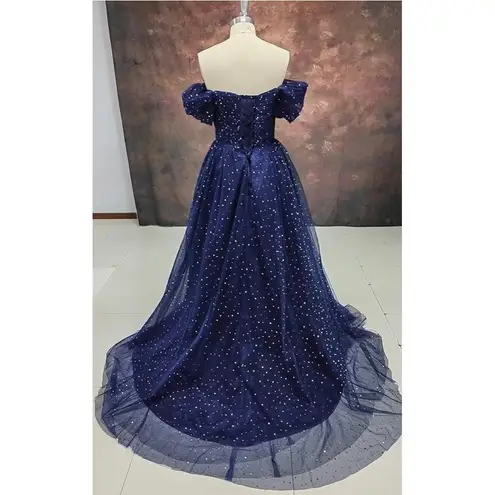 Sparkly Tulle Prom Dress Blue Off Shoulder Pleated Formal Party Gown 18 Plus NWT Size 18W
