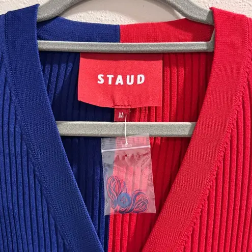 STAUD NWT Medium Blue Red New York Giants Shoko Knit Button-Up Sweater Dress NFL