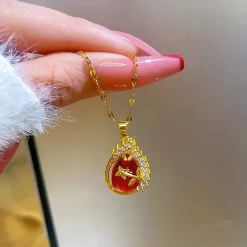 18K Gold Plated Birthstone Crystal Flower Teardrop Ruby Pendant Necklace for Women