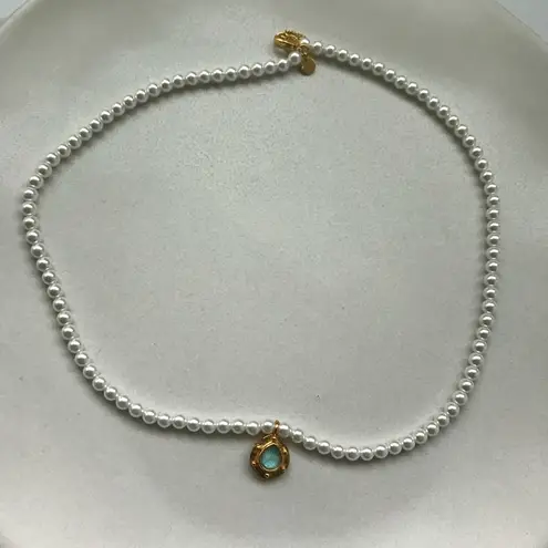 NWOT Julie Vos Pearl Necklace with Gold and Blue Pendant White