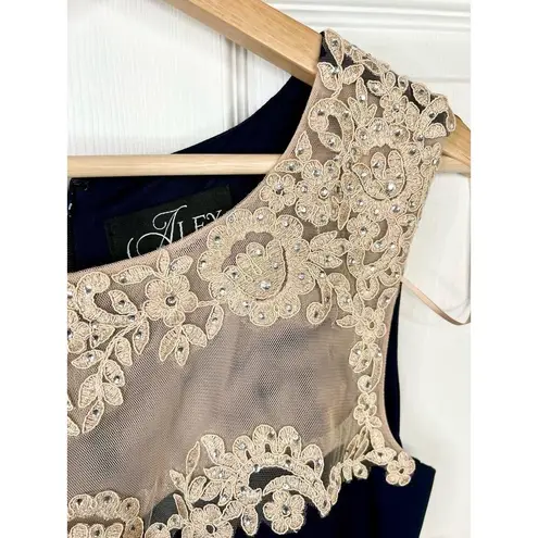 Alex Evenings Navy Blue Crepe Side Ruched Dress Sweetheart Lace Illusion Sz 10 - Image 6