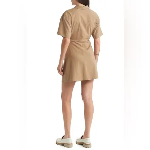 Moon River Short Sleeve Button Front Cut-out Shirred Shirt Mini Dress in Mocha