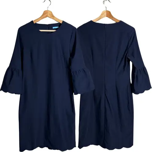 J. McLaughlin Elle Sheath Dress Women's 4 Navy Scalloped Hem Bell Sleeves Career
