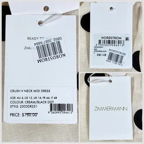 Zimmermann Crush Polka Dot Linen Midi Dress Cream Black US 12 AU 4 NWT