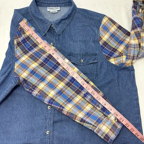 Country Store Cotton blend Denim Shirt with Plaid Sleeves Size 1X Blue
