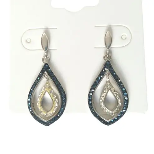 Vintage Blue  Clear Crystal Teardrop Dangle Earrings Silver Plated Post