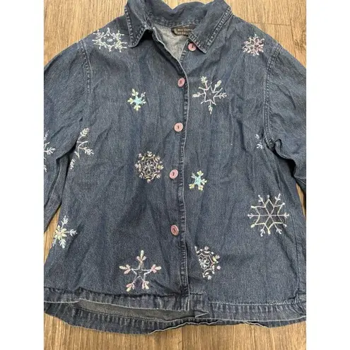 Vtg 90s New Direction Jean Denim Pastel Embroidered Snowflake Jacket Womens Sz L Blue