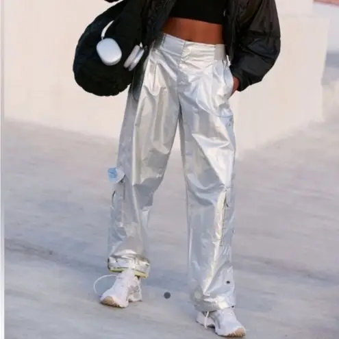 NEW Free People FP Movement Mesmerize Me Shine Pants Size SMALL Silver