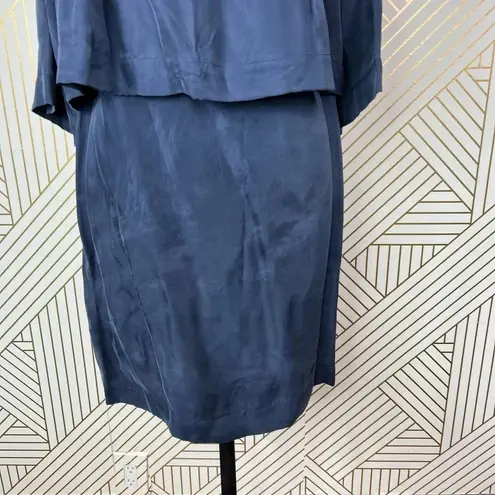 Apiece Apart Dress Cape Sleeve Layered Sheath Tasseled Cupro Navy Blue Size 6