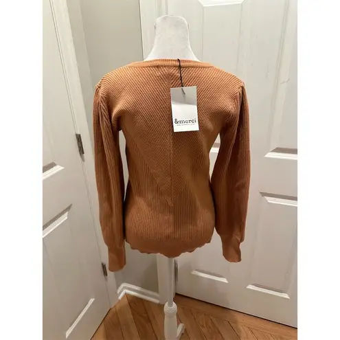 &merci &Merci Women's Ribbed Knit Pullover Sweater Light Brown M Lantern Sleeve