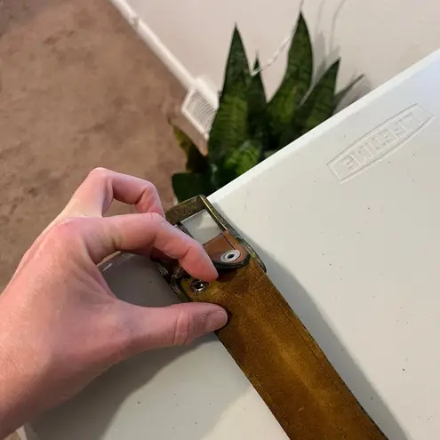 Vintage 90s Soft Tan Genuine Leather Chunky Brass Buckle Belt Size M/L Size M