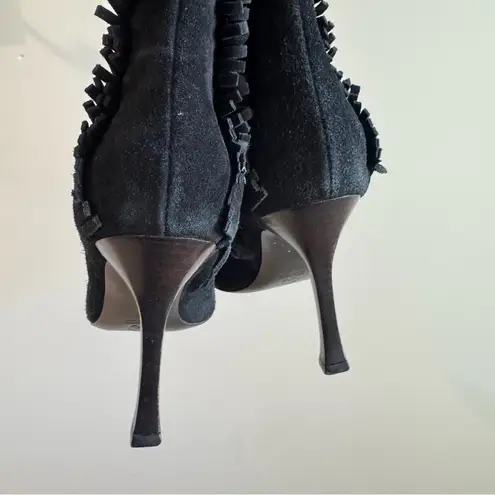 St. John Black Suede Fringe Trim Knee High Heeled Boots Size 7.5B