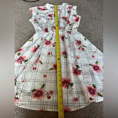 Sweet Rain Women’s White Pink Floral Checker Print Short Sleeve Mini Dress Small