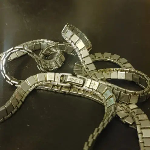 Monet Necklace Vintage Silver Tone Box Presidential Link Chain Fold Over Clasp