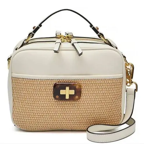 LDT Jill Vintage Lunch Box Bag Straw Leather Panel Crossbody Satchel in White