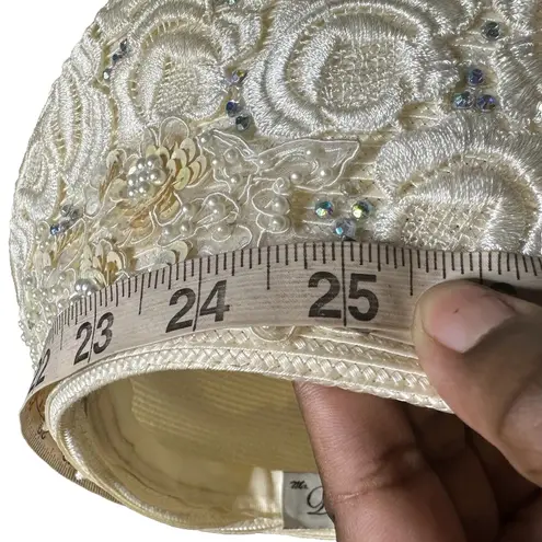 Vintage Ms. Divine Rhinestones Cloche Pillbox Hat Appliqué Embroidery Accent White