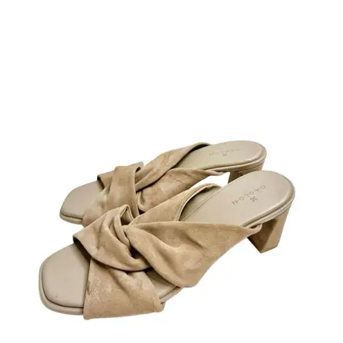 Caslon Sandals Size 9 Taupe Leather Open Toe Crisscross Straps Block Heel