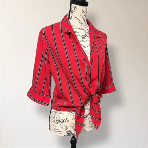 Haute Monde  S Red Striped Tie Front Blouse Nautical Collared Crop Shirt Summer