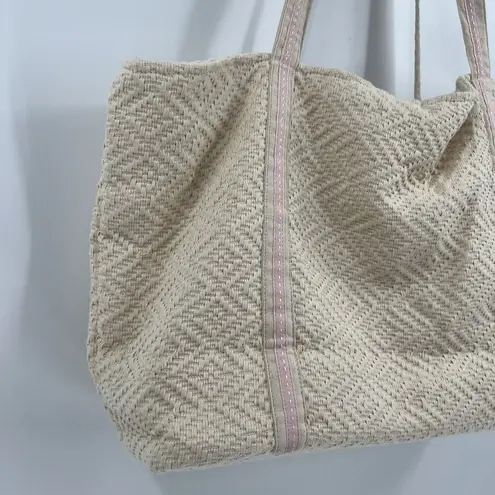 Shirdee Mrs. Canvas Tan Tote Shoulder Bag Beaded Seed Beads Pom Pom Trim Cotton