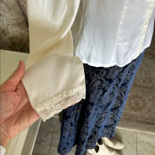 Gunne Sax Vtg 80’s Gunnies cream satin sheer lace Victorian button down feminine blouse M