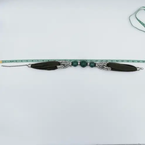 Handmade Chunky Beaded Statement Necklace Mixed Media Fabric Metal Green Silver Bohemian