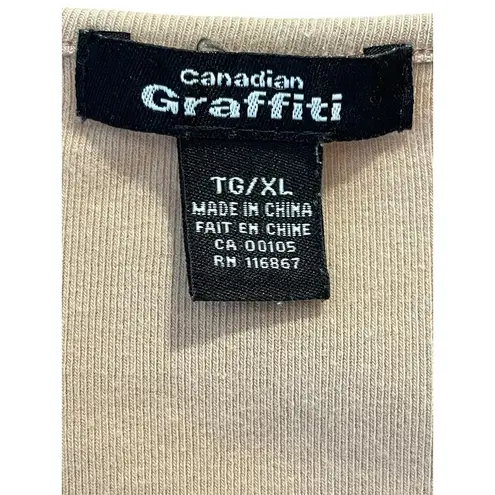 Canadian Graffiti Vtg Women's 3/4 Sleeve Stretch V Neck Embellished Top Size XL Tan