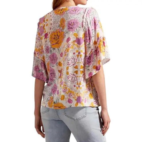 Tribal Jeans Women's 1X Floral Textured/Swiss Dot Blouse W/Frill Sleeve & Tassel