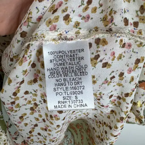 Umgee Patchwork Floral Peasant Tunic Top Small Sheer Smocked Metallic Cottage Green