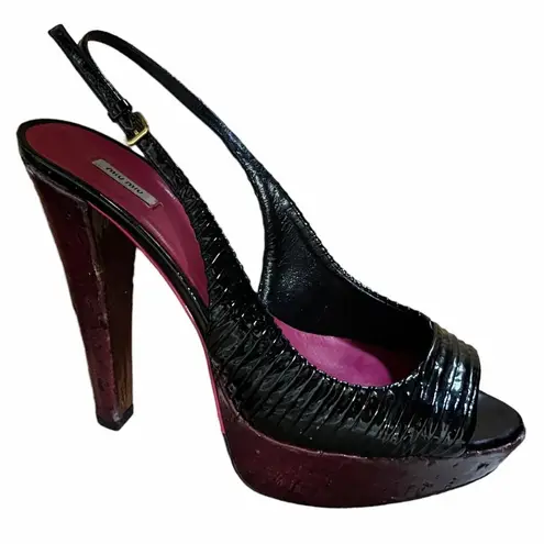 Miu Miu Black Patent Leather Sandals Peep Toe Sling Back Platforms Italy 38.5