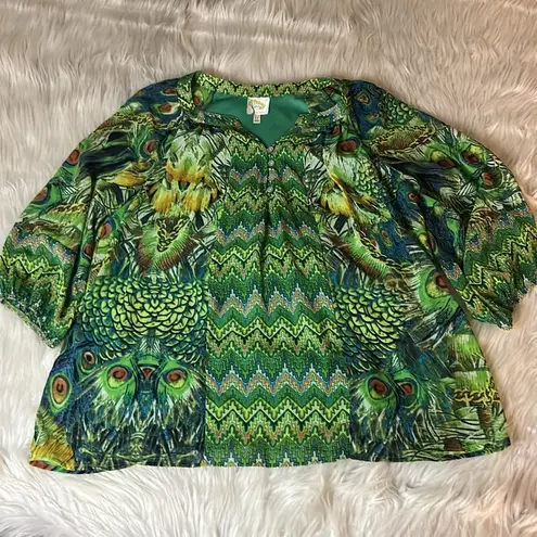 Anthropologie Fig and Flower Boho Peasant Blouse Women’s Size 1X Lined Peacock Green