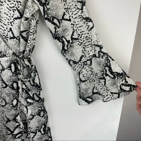 525 America Satin Snakeskin Print Wrap Dress Sz Medium Ruffle Bell Sleeve