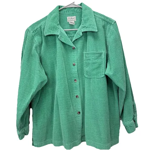 LL Bean Green Wide Wale Corduroy Oversized Button Up Cotton Shirt LARGE PETITE Size undefined