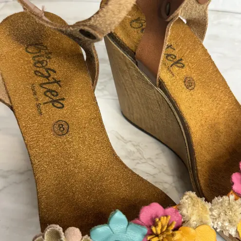 BioStep Floral Embellished detail cork Wedge heels leather size 8 boho chic girl