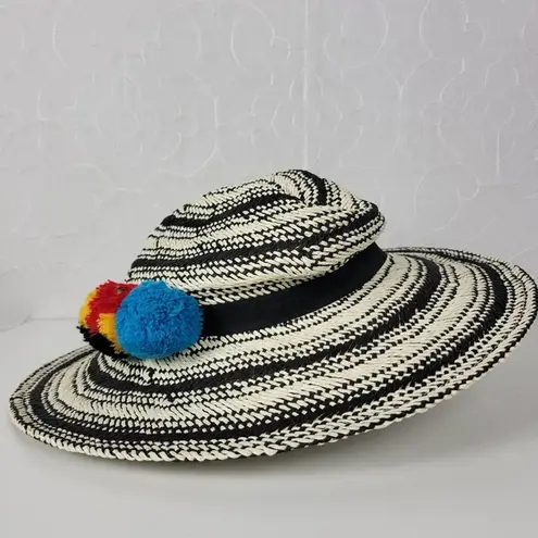 Hinge Two Tone Panama Hat Black White Wide Brim Woven Straw Pom Pom Summer NWOT