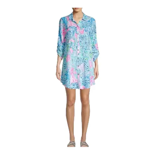 Lilly Pulitzer  Natalie Coverup Top Button Down Roll Tab Sleeve Women Size‎ XS