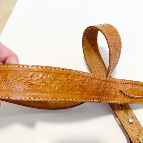 Tooled Leather Western Southwestern Buckle Waist Belt Tan