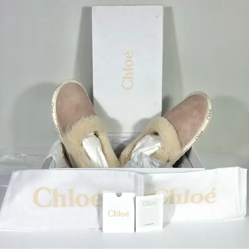 Chloé Chloe Woody Suede Genuine Shearling Closed Logo Slippers Maple Pink 41 US 11 NEW