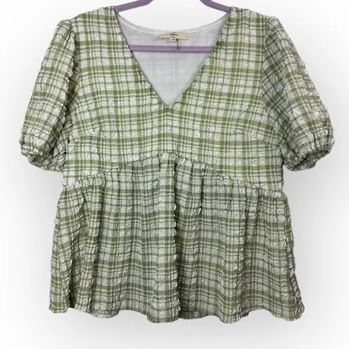 Entro  Checkered‎ Gingham Green White Ruched Puff Sleeve Women Blouse Size Medium