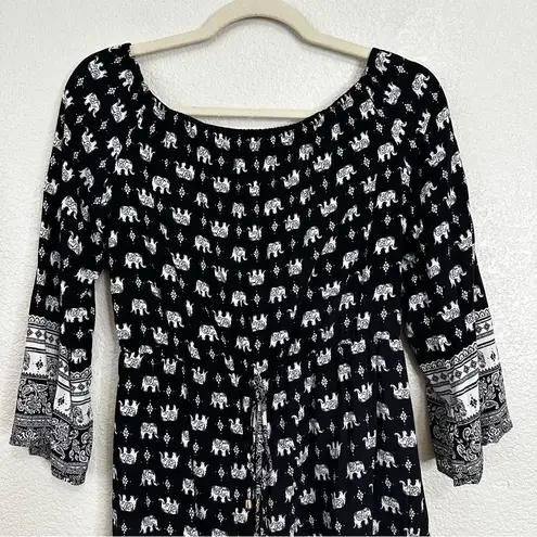 Depri Boho Black White Elephant Off the Shoulder Romper, Sz Medium
