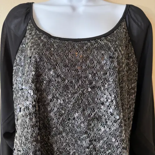 American Glamour Badgley Mischka Sequin Top Blouse Black Sheer Long Sleeves XL