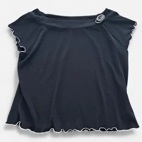 None Black and white ruffle trim stretch rose accent baby tee top s