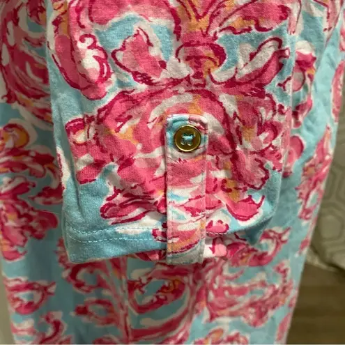 Caribbean Joe Teal Blue & Pink Floral Asymmetric 3/4 Sleeve Dress Size L