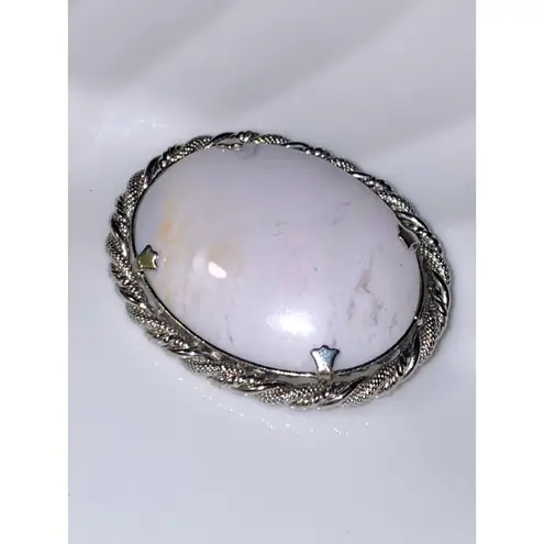 Oval Brooch Pin Silver Tone White Howlite Stone Cabochon Twisted Rope Edge