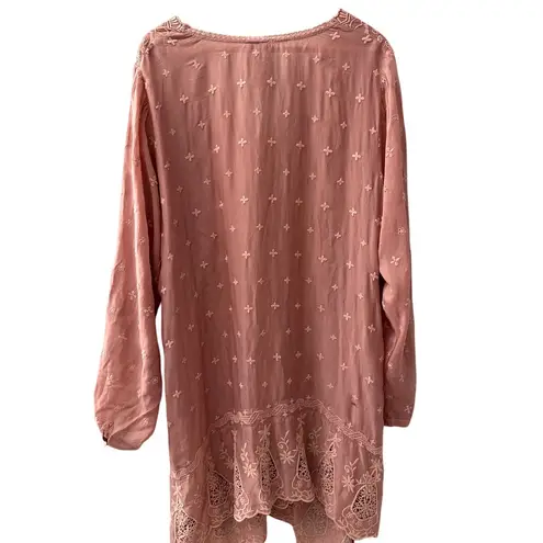 Johnny Was Plus V-Neck Embroidered Tab Sleeve Midi Dress Dusty Rose Size 2X