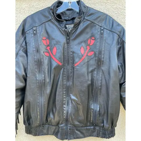 Vintage Hein Gericke Black Leather Moto Jacket Fringe Roses L Size L