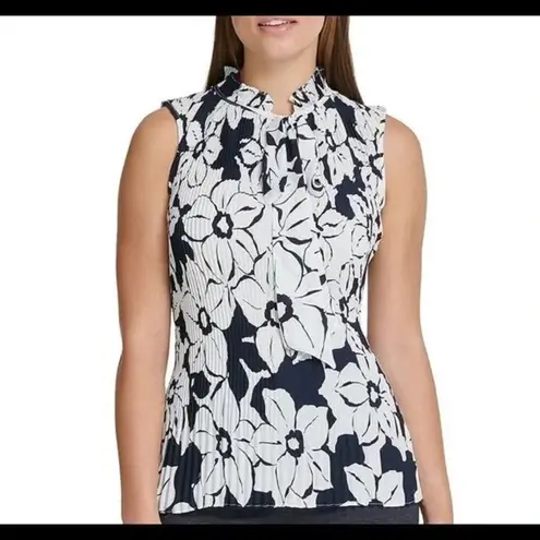 DKNY  Women's Floral Pleated High Tie Neck Sleeveless Blouse Navy Size Large