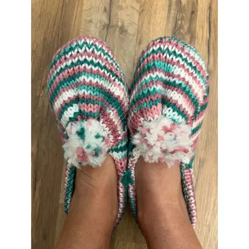 NEW Handmade Knit Slippers Pom Pom Striped Pink Green White Cozy House Shoes 9" Size 7